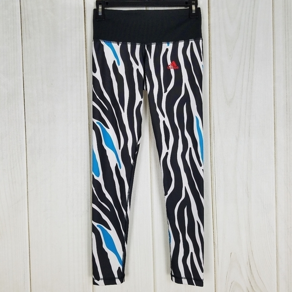 Adidas Black Blue Zebra Stripe Medium Rise Compression Leggings - Picture 2 of 9